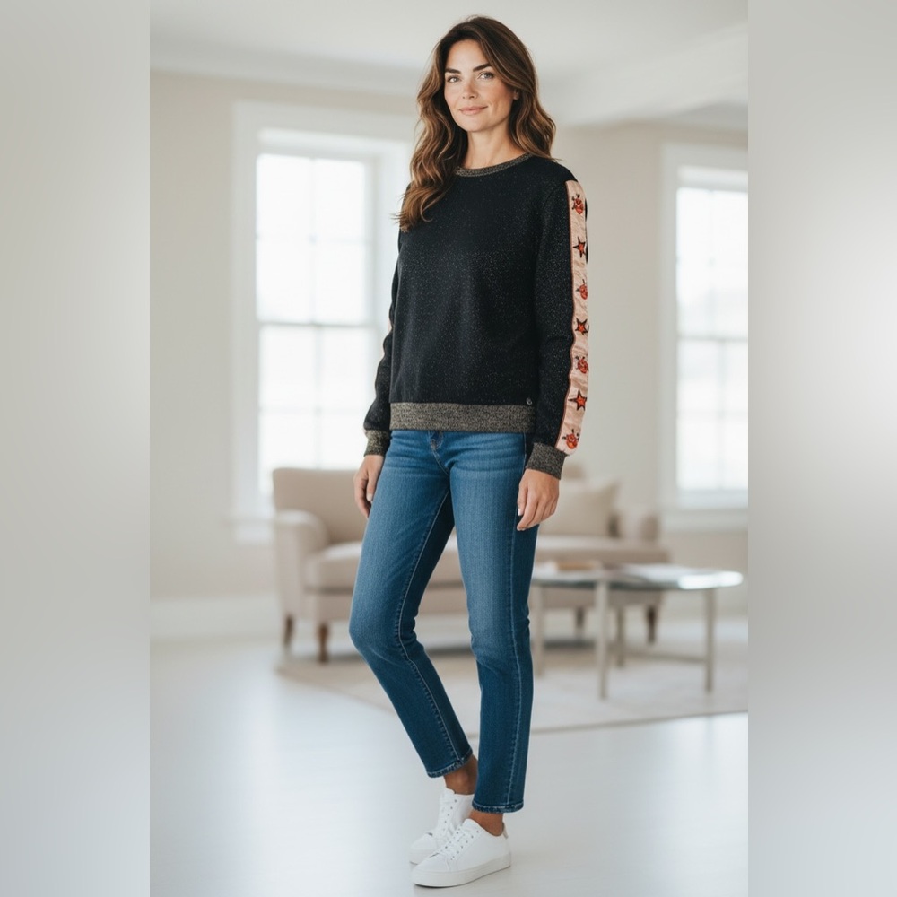 SCOTCH & SODA Black Chic Thick Lux Sweatshirt with Star Pattern Sleeves Size XS